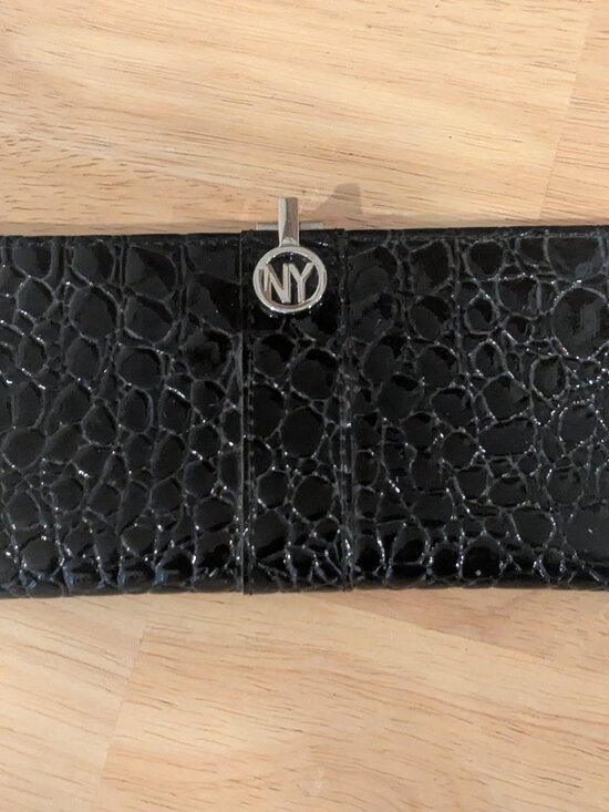 NWT New York and Company Black and Silver Patent Leather Dots Wallet/Clutch - Picture 1 of 7